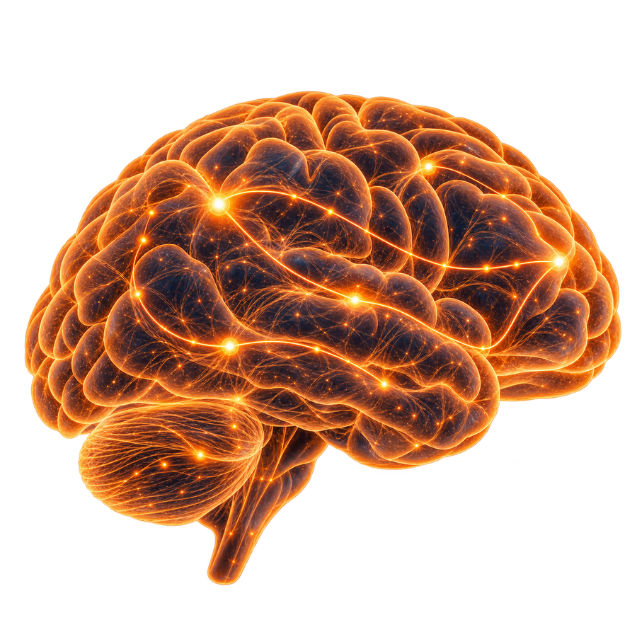 Cerebro iluminado en naranja con conexiones neuronales